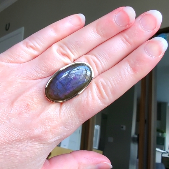 Large Purple Flash Labradorite Ring Adjustable 925 Silver Handcrafted Artisan VG - Picture 3 of 13